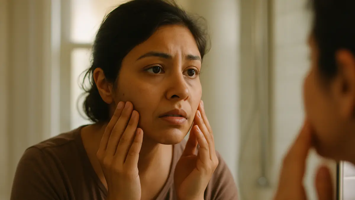 A woman examining her cheeks and jawline in the mirror, wondering if stress is changing her face