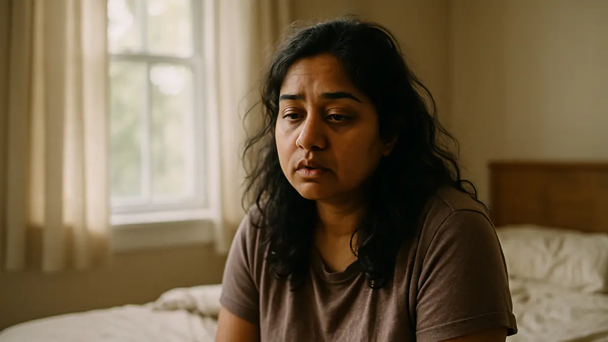 A tired woman with slight facial puffiness sitting on her bed after a poor night of sleep