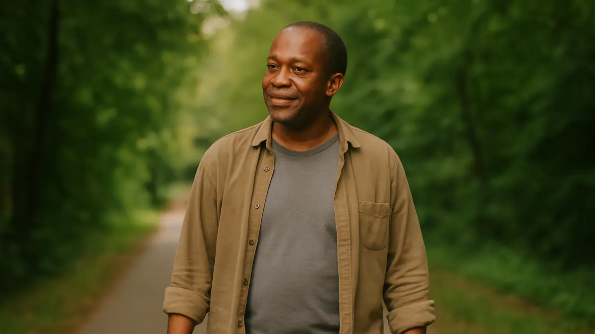 A man walking calmly outdoors in daylight as a simple, proven way to lower stress