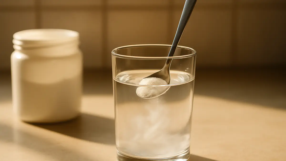 White creatine powder being stirred into a clear glass of water with a spoon on a kitchen counter