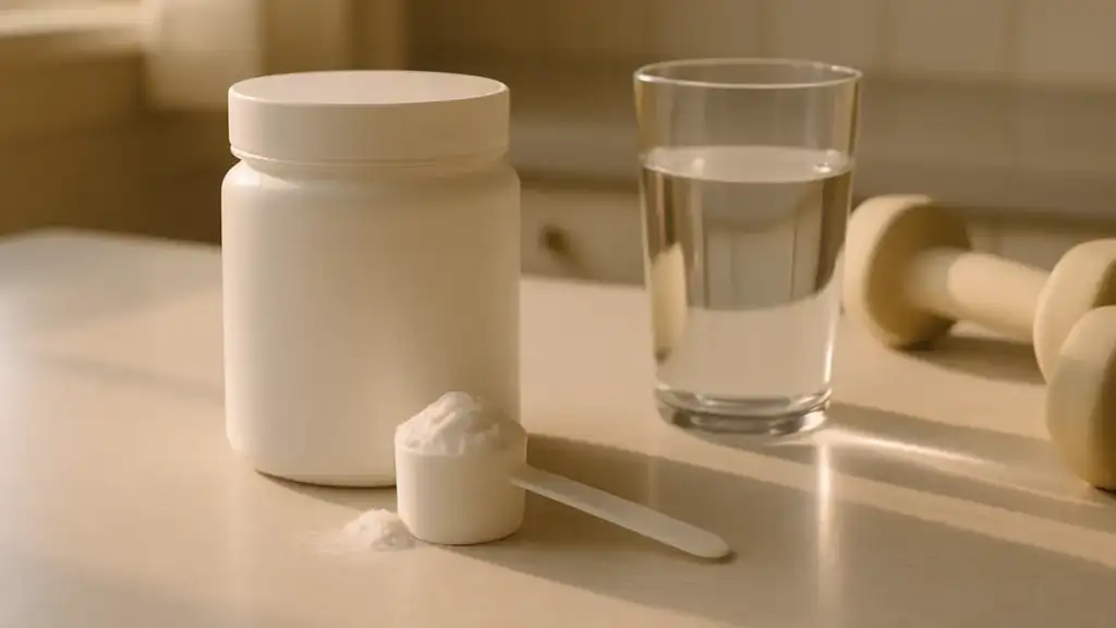 A tub of white creatine monohydrate powder with a measuring scoop beside a glass of water and light dumbbells on a kitchen counter