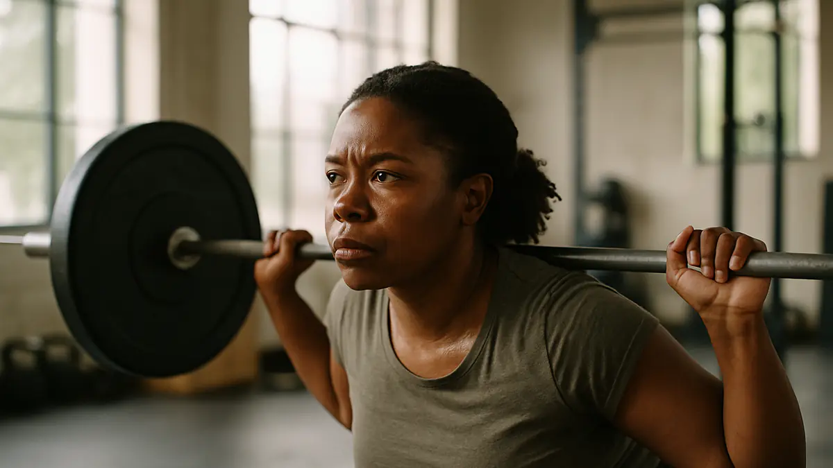 A woman in her thirties performing a squat with a barbell in a bright gym