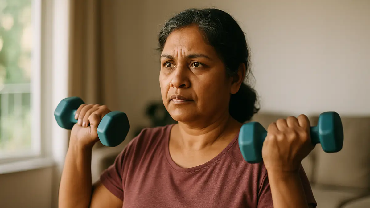 A South Asian woman in her fifties lifting light dumbbells during a strength training session at home