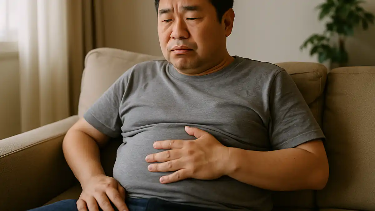 A man sitting on a sofa with a hand on his stomach, looking bloated and uncomfortable