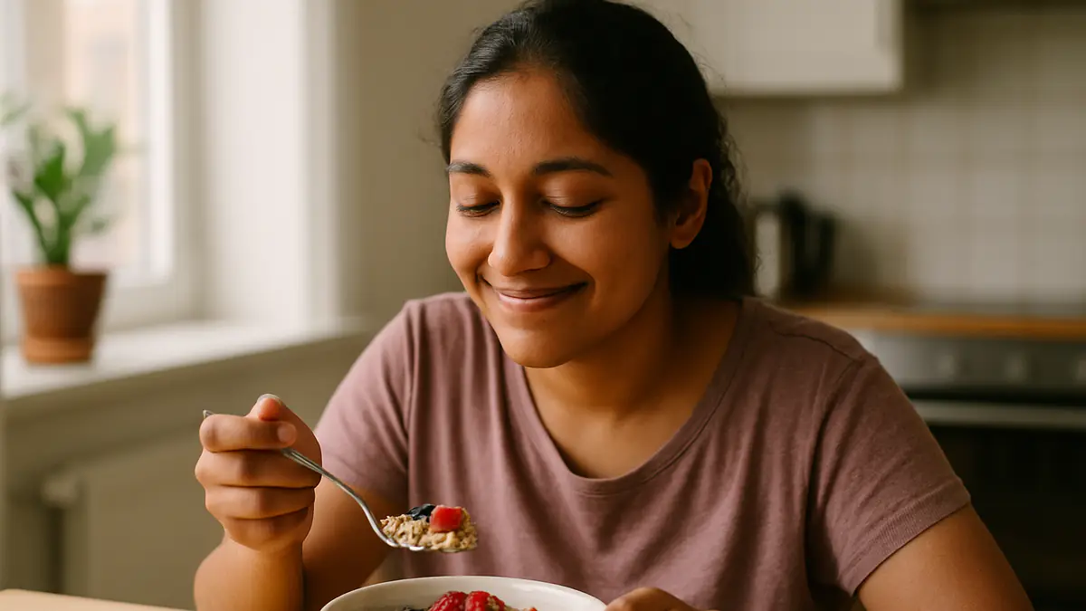 A young woman enjoying a colourful high-fibre breakfast bowl of oats, berries, chia seeds and nuts