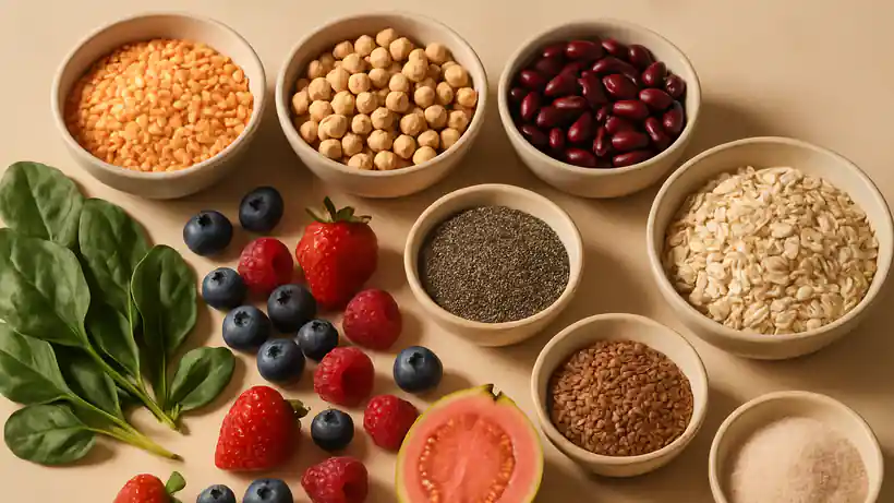 An overhead spread of high-fibre whole foods: lentils, chickpeas, beans, oats, chia, flax, berries, leafy greens and psyllium husk