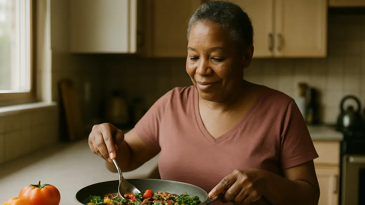 A woman preparing a colourful meal of lentils, beans and fresh vegetables in her kitchen