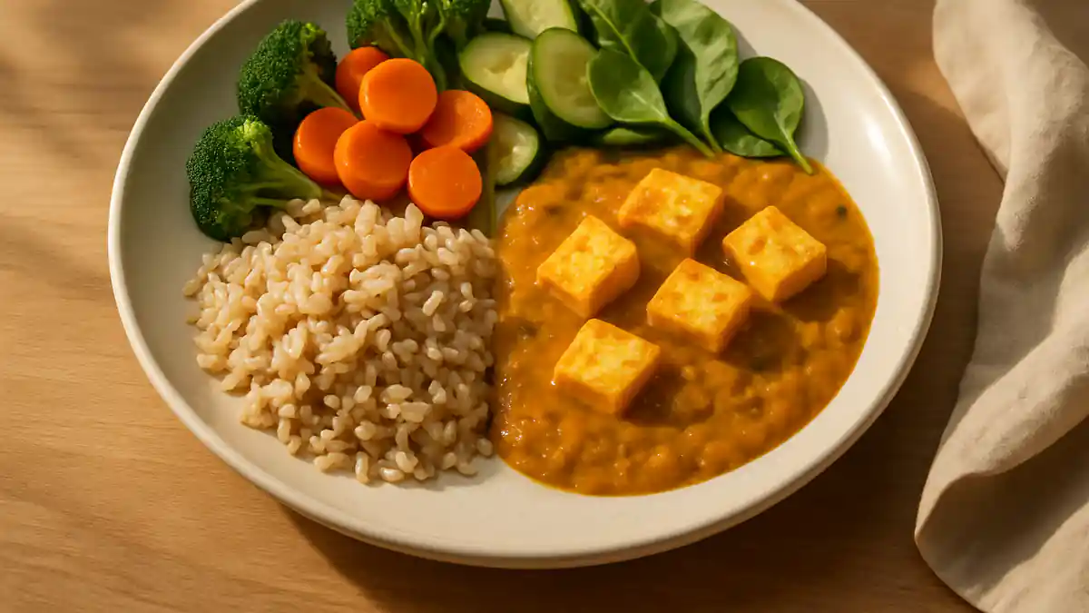 A balanced meal plate with half vegetables, a quarter brown rice and a quarter protein like dal and paneer