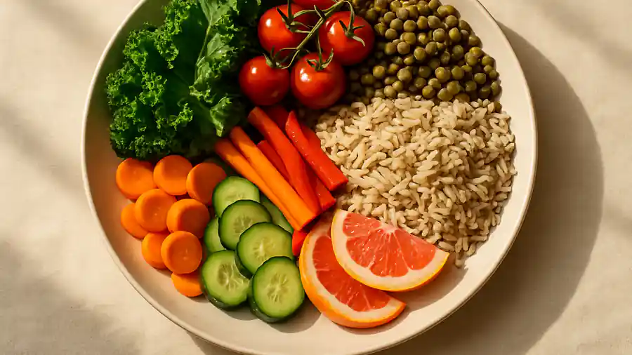 A vibrant plate of colourful whole foods including leafy greens, tomatoes, lentils, brown rice, vegetables and fruit arranged beautifully