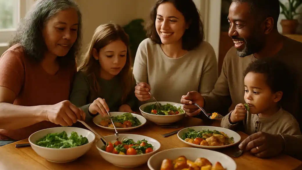 A multi generational family of different ages sharing a home cooked vegetable rich meal together at a dining table