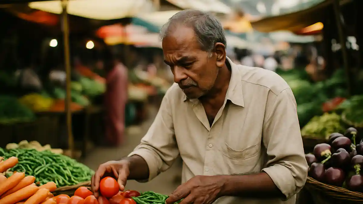 An older South Asian man selecting fresh colourful vegetables at an outdoor Indian market