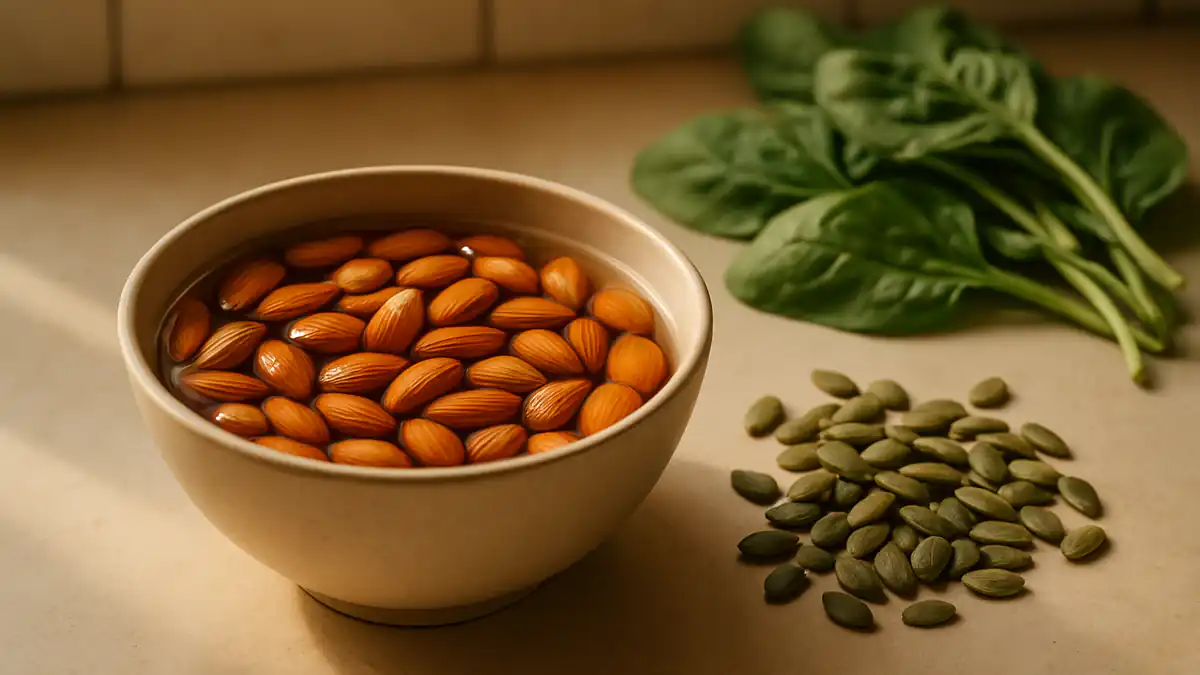 A bowl of soaked almonds and pumpkin seeds beside fresh spinach leaves on a simple Indian kitchen counter