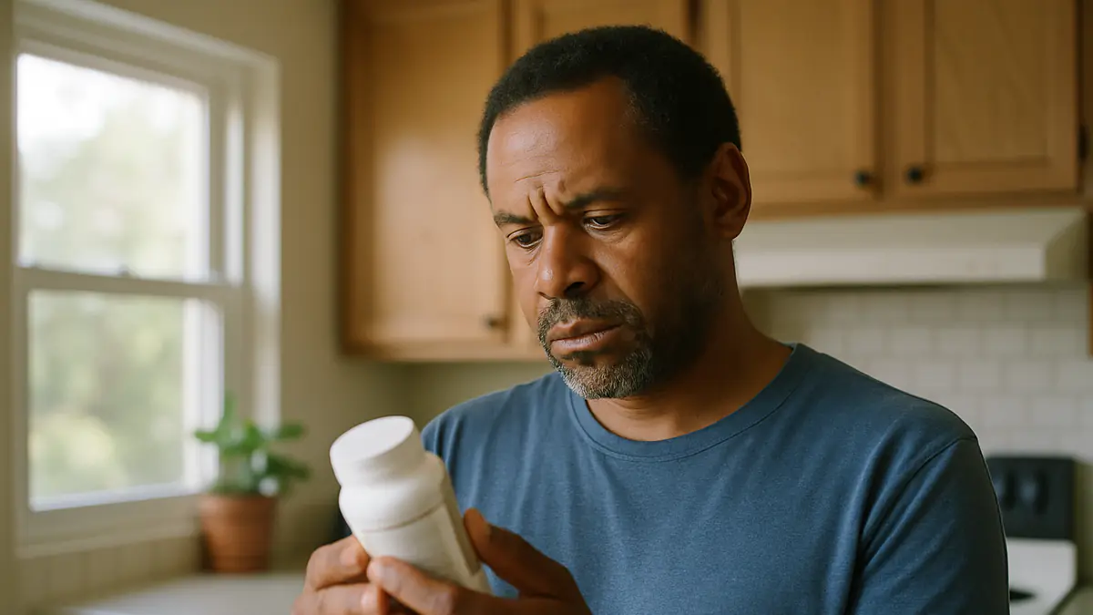 A man in his forties standing in a kitchen carefully reading the label on a supplement bottle