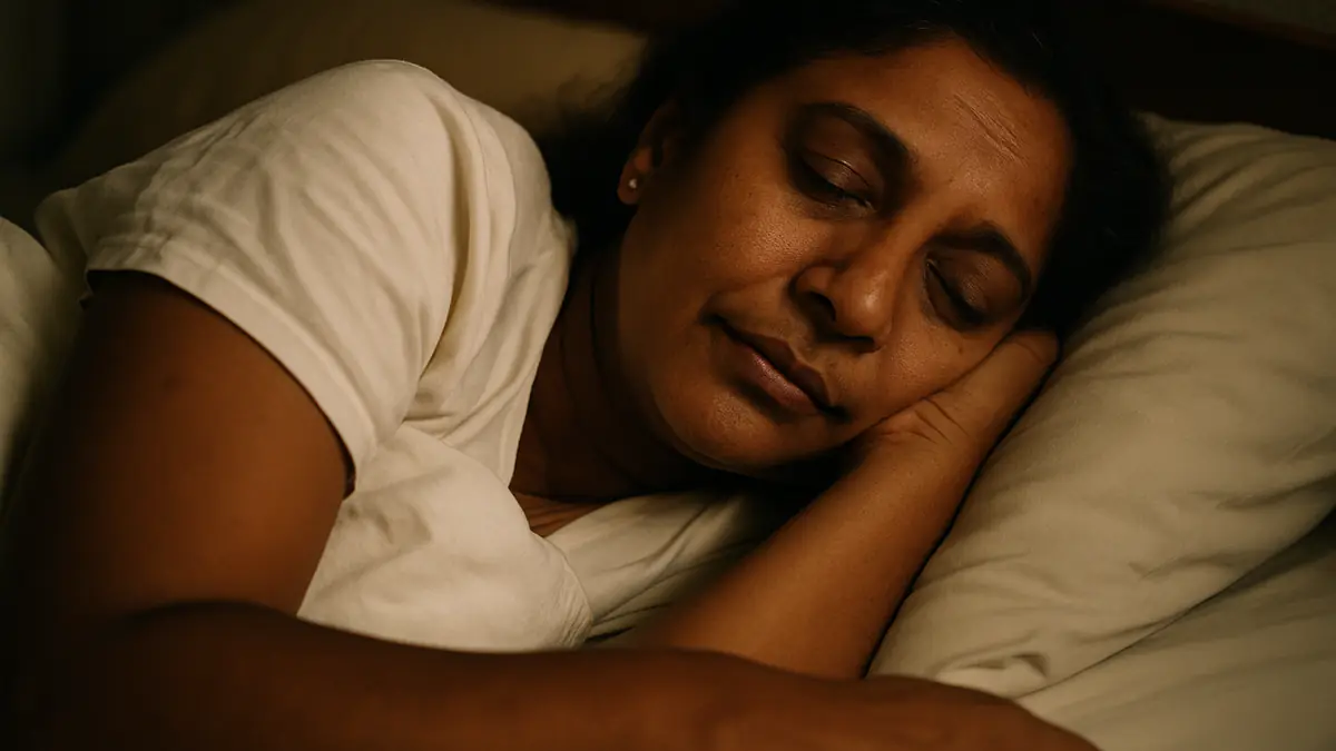 A middle aged South Asian woman sleeping peacefully in bed at night with a calm relaxed face