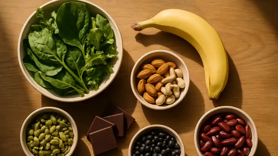 An overhead flat lay of magnesium rich whole foods on a wooden table including leafy greens, pumpkin seeds, almonds, cashews, dark chocolate, black beans, rajma and a banana