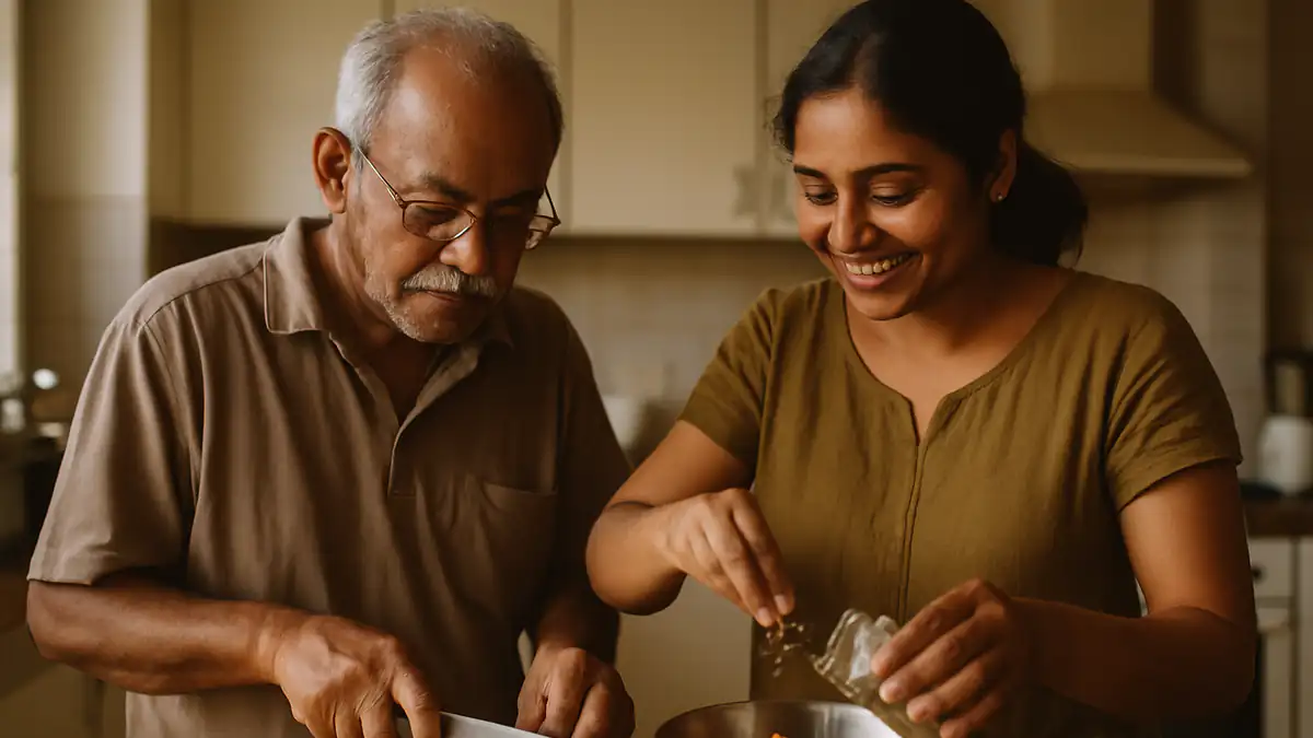 An older Indian man and his adult daughter preparing a vegetarian meal together in a home kitchen