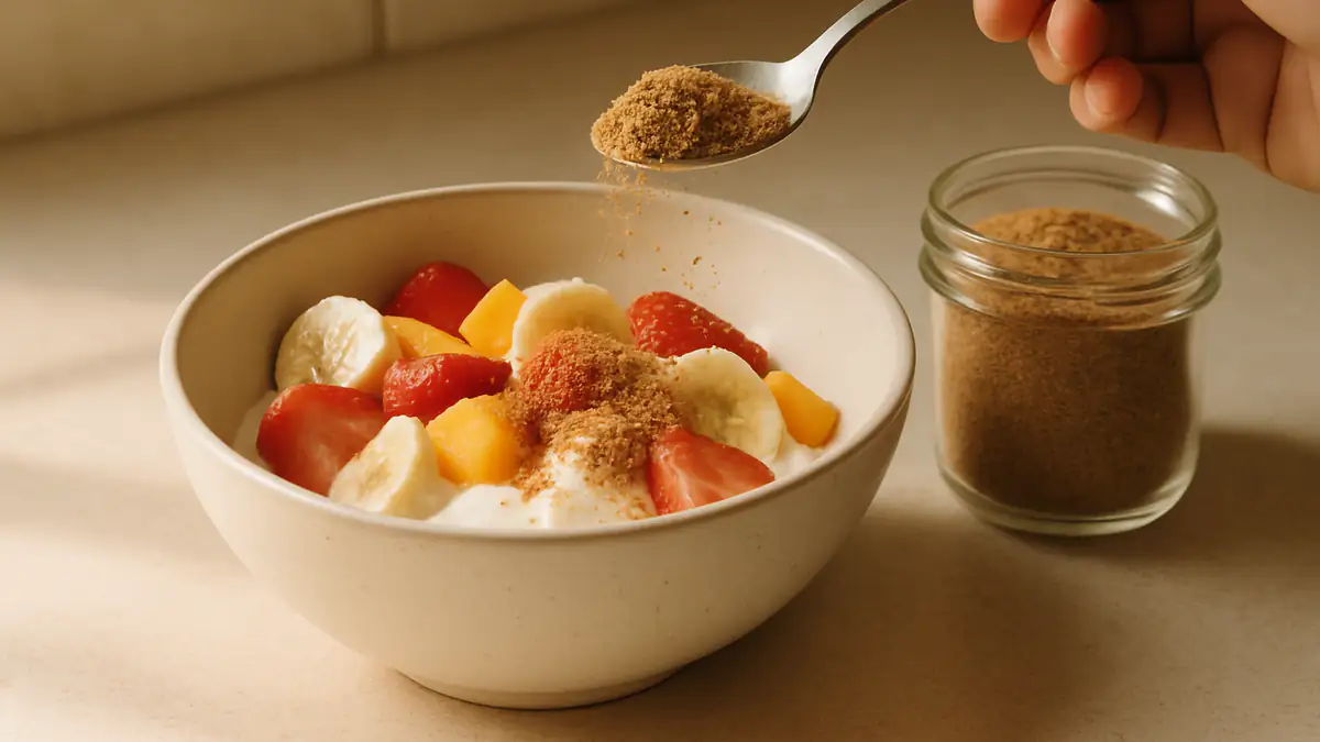 Ground flaxseed powder being spooned onto a bowl of curd and fruit on a kitchen counter