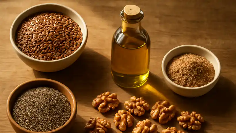 An overhead flat lay of vegetarian omega-3 sources on a wooden table including flaxseeds, chia seeds, walnuts, ground flaxseed and flaxseed oil