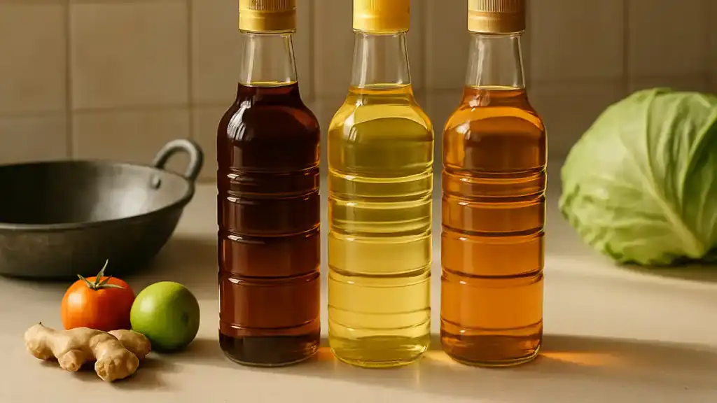 Common Indian cooking oils in bottles on a kitchen counter including mustard oil, sunflower oil and groundnut oil beside a kadai and fresh vegetables