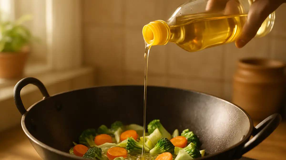 Cooking oil being poured into a hot kadai with vegetables sizzling in an Indian home kitchen