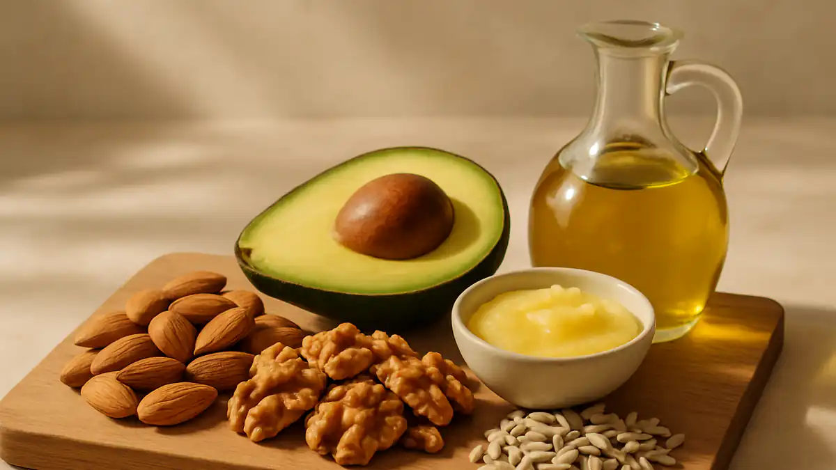 A wooden board with whole food fats including almonds, walnuts, sunflower seeds, half an avocado, a bowl of ghee and a bottle of olive oil