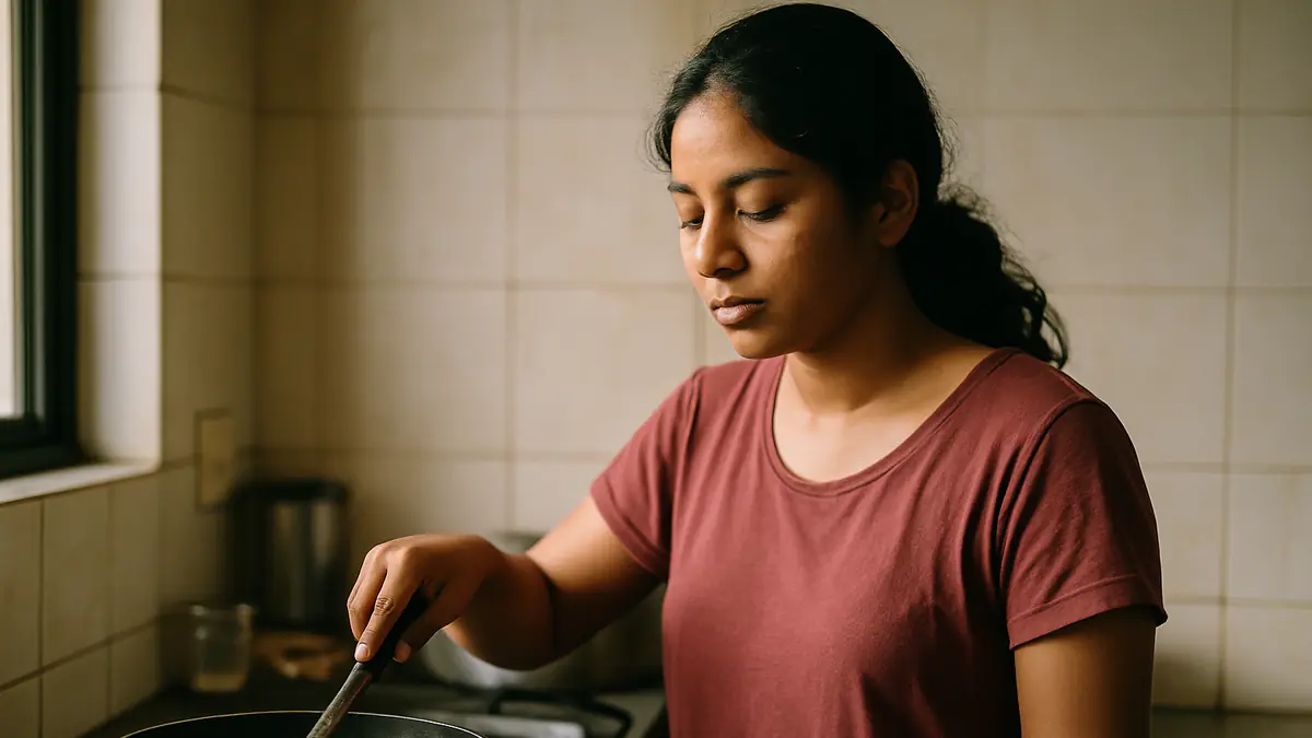 A young Indian woman cooking a vegetable stir fry at a home stove
