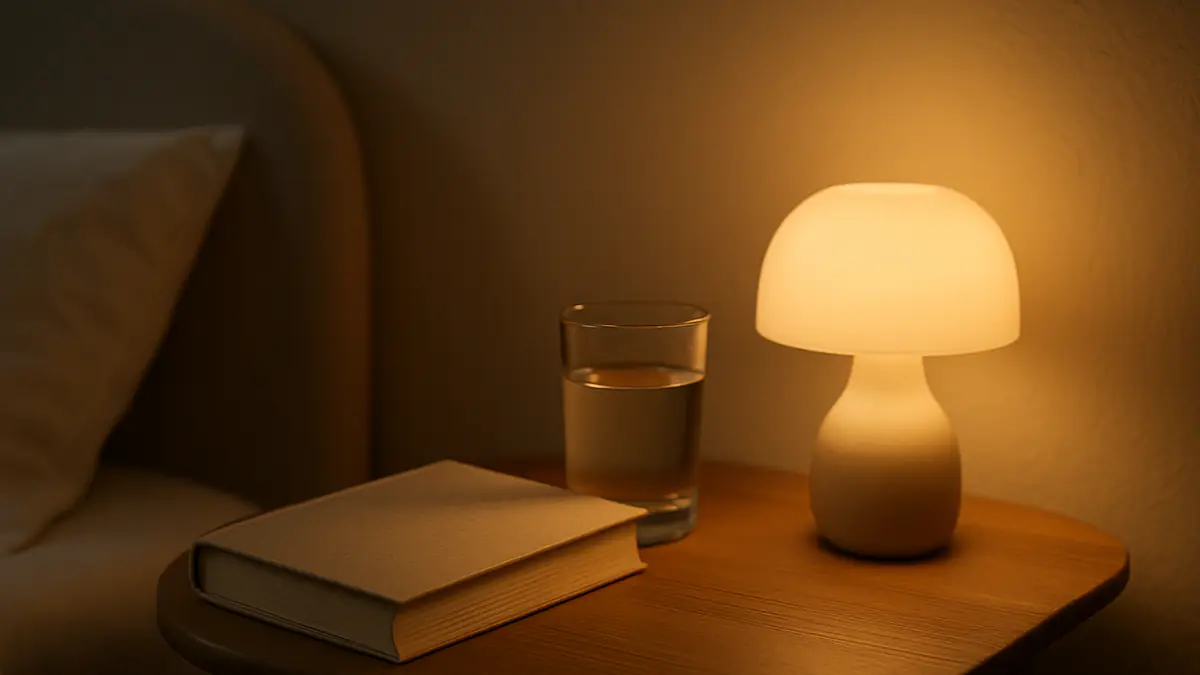 A bedside table at night with a book, a glass of water and a small warm lamp, with no phone in sight