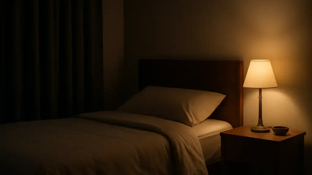 A calm, tidy bedroom at night with soft warm lamp light, a neatly made bed and blackout curtains