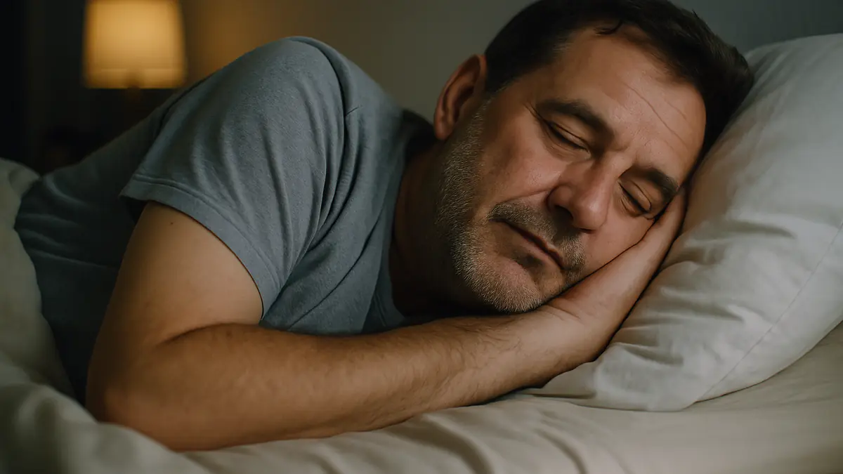 A middle aged man sleeping soundly on his side in bed at night with a relaxed, peaceful expression