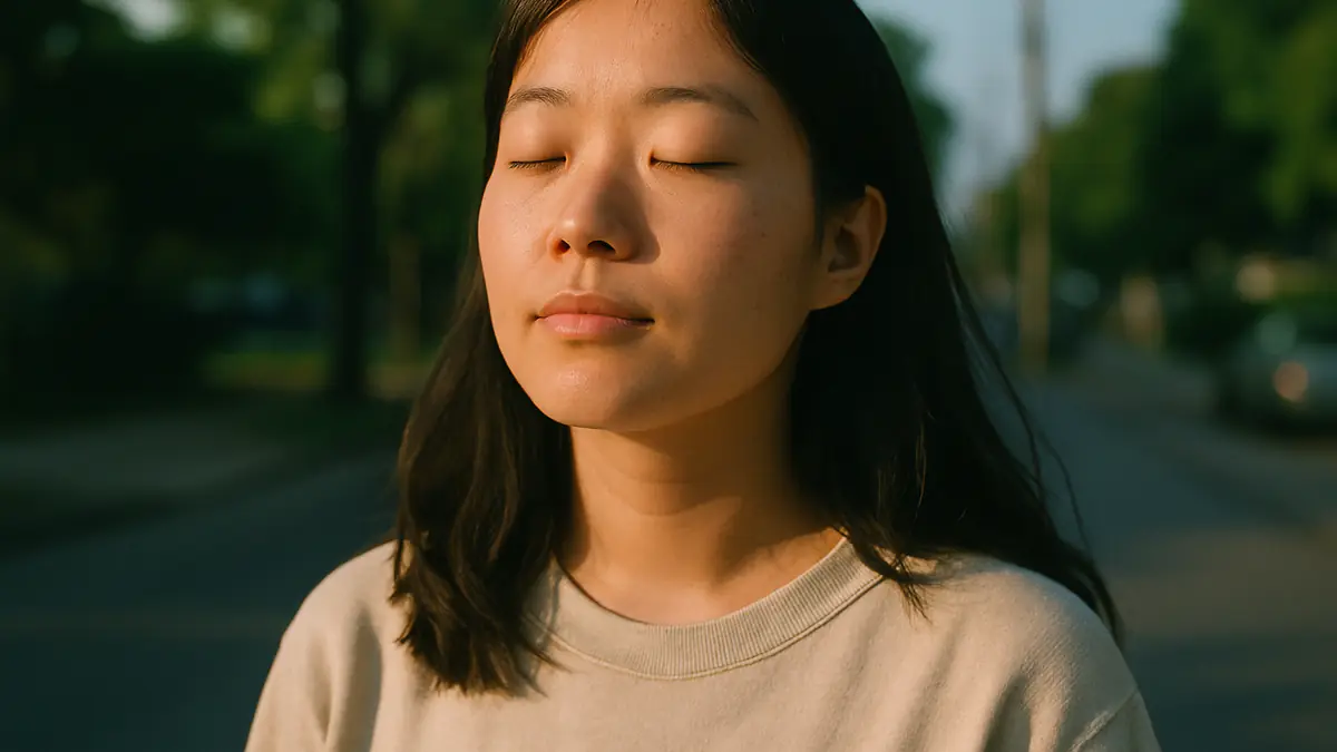 A young woman standing outdoors in bright early morning sunlight with her eyes closed, looking calm