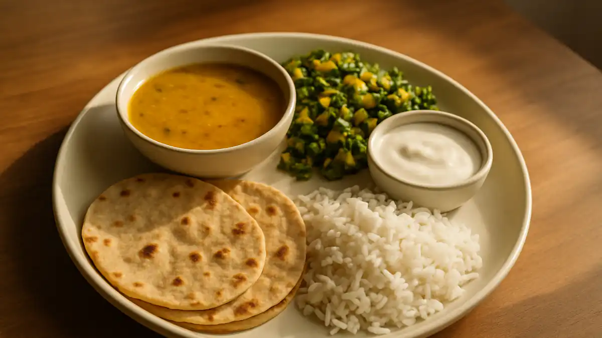 A simple home-cooked Indian thali with dal, a vegetable sabzi, roti, rice and a bowl of curd
