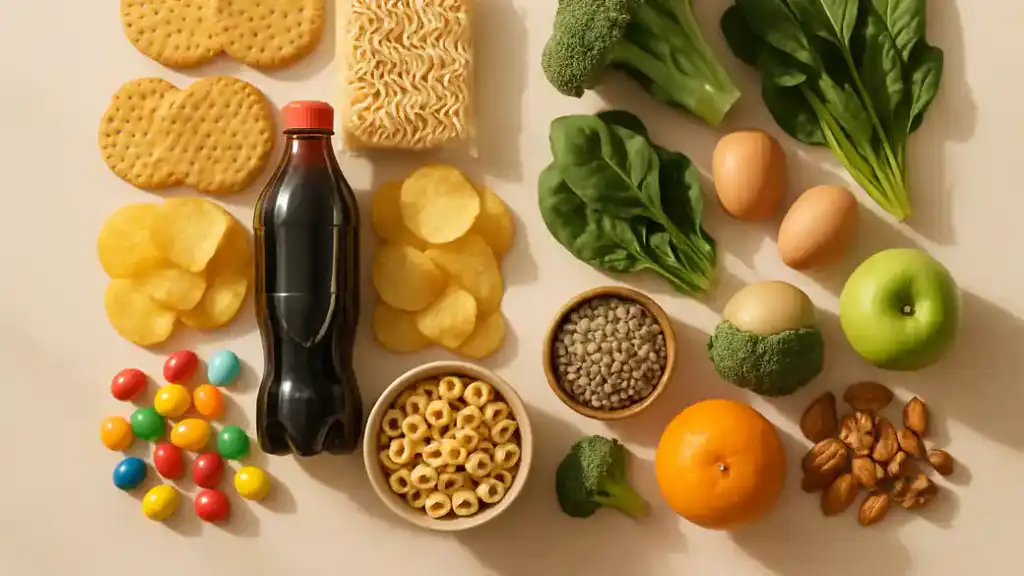 A kitchen table split between ultra-processed packaged foods like biscuits, instant noodles, chips and cola on one side and fresh whole foods like vegetables, lentils, fruit and eggs on the other