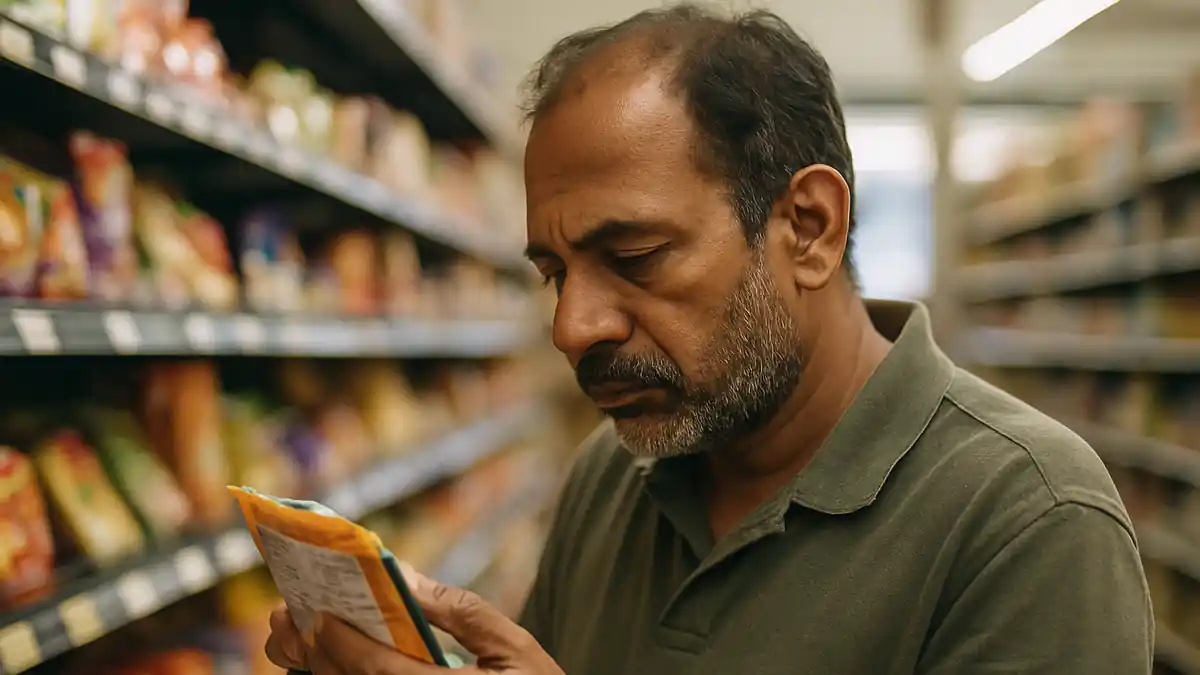 A middle-aged man in a grocery aisle carefully reading the ingredients label on the back of a food packet