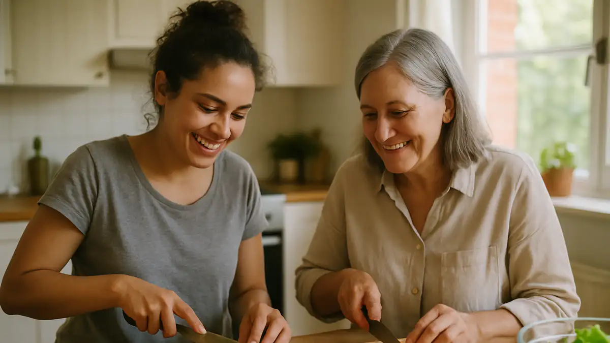 A younger woman and an older woman chopping fresh vegetables and cooking a meal together in a home kitchen
