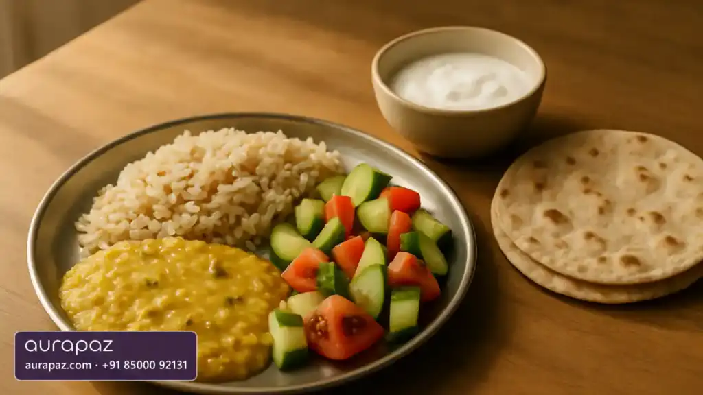 A balanced Indian meal of brown rice, dal, salad, curd and chapatis on a wooden table