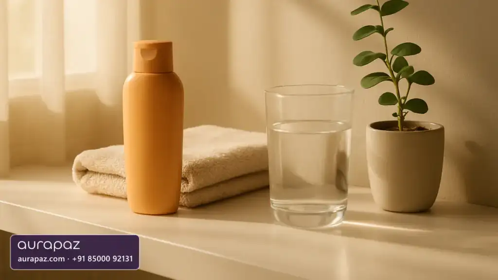A bottle of sunscreen, a folded towel, a glass of water and a small plant on a sunlit bathroom shelf in the morning