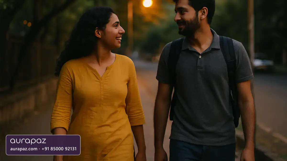 A young Indian couple walking together along a tree lined pavement in the early evening after dinner