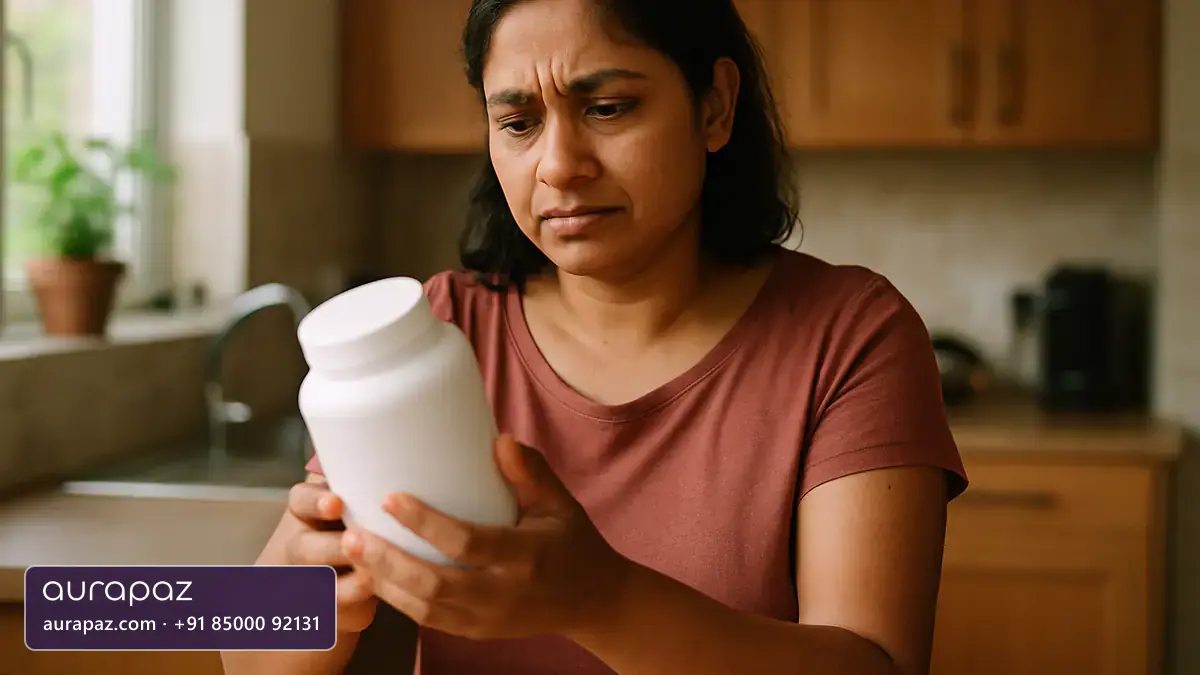 A South Asian woman in her thirties standing in her kitchen, turning over a plain white supplement tub and reading it with a sceptical expression
